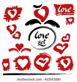 Hearts vector. Love set. Hand drawn ink lettering and calligraphy strokes. Red hearts, brush strokes and blobs. Hand drawn design elements.