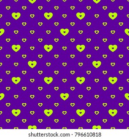 Hearts vector pattern. Abstract seamless geometric texture, colorful sporty style. Valentines day background. Love romantic theme. Bright purple and neon green colors. Stylish modern design for decor