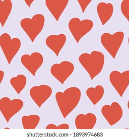 Hearts vector pattern. Different kinds of hearts on light purple background. Hand drawn seamless pattern. Valentine's Day decor.