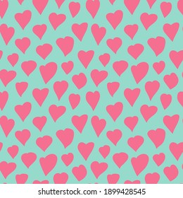 Hearts vector pattern. Different kinds of pink hearts on turquoise background. Hand drawn seamless pattern. Valentine's Day decor.