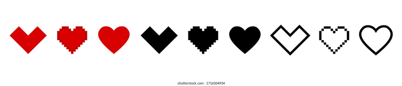 Hearts vector pixel icons isolated on white background. Vector illustration. Love symbol black isolated vector signs. Red flat design. EPS 10