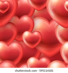 Hearts Vector Seamless Pattern. Repeating texture with red glossy realistic shiny hearts. Love wallpaper