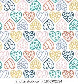 Hearts vector seamless pattern for shirt, panties, tank top or swimsuit, underwear, bedding, blanket or pillow. Outline sketch background. Doodle textile. Wedding. Fashion design for Valentines day