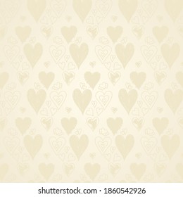 Patrón de vectores cardíacos sin soldadura para camisa, bragas, portaequipajes o traje de baño, ropa interior, almohada de cama. Navegar Champagne color de fondo. Tejido de Doodle. Boda. Diseño de moda para el día de San Valentín