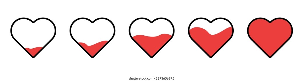 Hearts vector set. Filling hearts vector. Icons of different fullness of hearts. Set of love symbol vector. Outline blank heart vector.