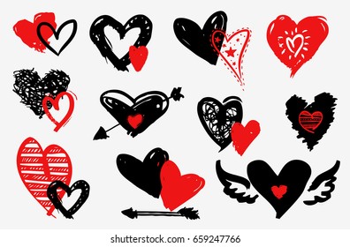 Hearts vector set. Hand drawn doodle icons or design elements for Valentine's day and wedding. 