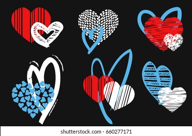 Hearts vector set. Hand drawn doodle icons or design elements for Valentine's day and wedding. 