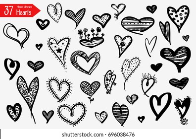 Hearts vector set. Hand drawn doodle icons or design elements for Valentine's day and wedding. 