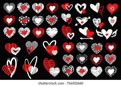 Hearts vector set. Hand drawn doodle icons or design elements for Valentine's day and wedding. 