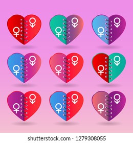 Hearts; vector set the heart is sewn with thread man and woman are one