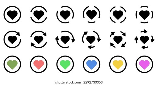 Hearts vector set. Icons of hearts are a stylish symbol of life. Cute hearts set. Icons of hearts with arrows vector. Recycle heart icon. Symbol of love vector. Saint Valentine vector.