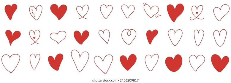 Hearts. Vector stilyzed red hearts set, isolated on white background. Symbols, signs flat icons. Love, valentine icon collection. Red heart symbol.