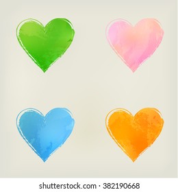 Hearts. Watercolor hearts shape splashes, green, blue, orange, pink.