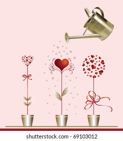 Hearts and watering can. All elements and textures are individual objects. Vector illustration scale to any size.