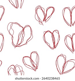 Hearts wavy line seamless pattern hand drawn. Red doodle symbols on white.