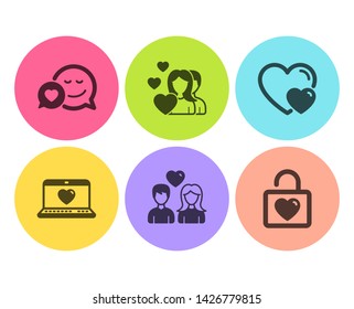 Hearts, Web love and Couple icons simple set. Dating, Couple love and Wedding locker signs. Romantic relationships, Social network. Love set. Flat hearts icon. Circle button. Vector