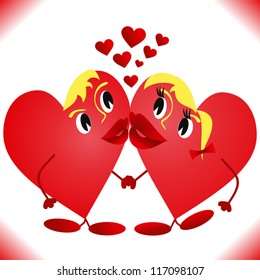 Hearts which are kissed. Merry picture in the animated style.