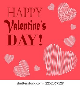 Hearts white chalk texture on a red background with copy space. Greeting card vector illustration.
