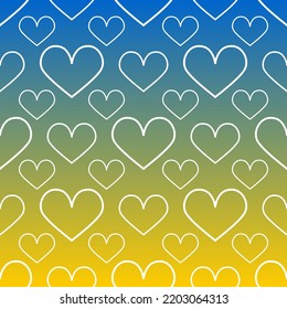 Hearts with a white outline on a gradient blue yellow background. Seamless cute pattern. Vector.