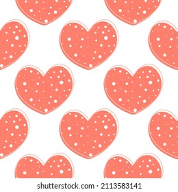 Hearts with white polka dots seamless pattern. Tender hearts romantic background. Template for packaging, paper, fabric and wallpaper vector illustration