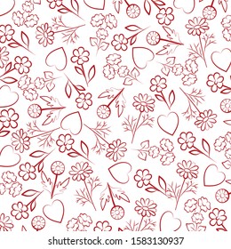 
Hearts and wildflowers. Holiday background for Valentine's Day. Contour drawings of hearts and wildflowers. Vector illustration.