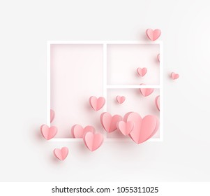 Hearts With Window Postcard. Paper Flying Elements On Gray Background. Vector Symbols Of Love In Shape Of Heart For Happy Women's, Mother's, Valentine's Day, Birthday Greeting Card Design.