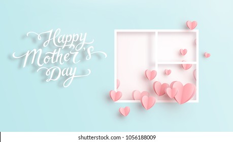 Hearts With Window Postcard. Paper Flying Elements On Blue Background. Vector Symbols Of Love In Shape Of Heart For Happy Women's, Mother's, Valentine's Day, Birthday Greeting Card Design.