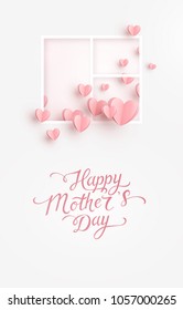 Corazones con postal de ventana. Elementos volantes de papel sobre fondo gris. Símbolos vectoriales de amor en forma de corazón para Feliz Mujer, Madre, Día de San Valentín, diseño de tarjetas de felicitación de cumpleaños.