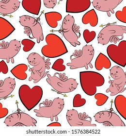 
Hearts and winged cats. Valentine's day background. multi-colored hearts and winged cats with arrows and bows. Design element. Vector illustration.