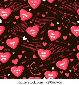 Hearts with wings, arrow and text. Lovely seamless pattern. Original vector background. Valentine's Day. 