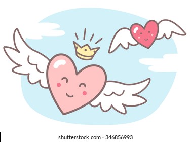 Hearts with wings and funny smiling faces, sky with clouds. Valentines Day vector illustration. Cute cartoon style picture. Winged hearts, shining crown, blue sky background with clouds.