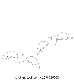 Hearts with wings line drawing vector illustration