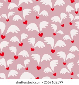 Hearts and wings pattern.Endless vector texture on rose background.Valentine's day pattern.