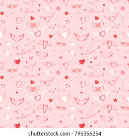 Hearts with Wings Seamless pattern. Love Wedding Vector Background. Beautiful Doodle Heart tattoo. Valentines Day. Hand drawn illustration