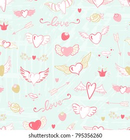 Hearts with Wings Seamless pattern. Love Wedding Vector Background. Beautiful Doodle Heart tattoo. Valentines Day. Hand drawn illustration