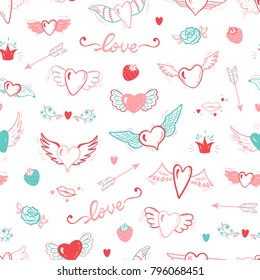 Hearts with Wings Seamless pattern. Love Wedding Vector Background. Beautiful Doodle Heart tattoo. Valentines Day. Hand drawn illustration