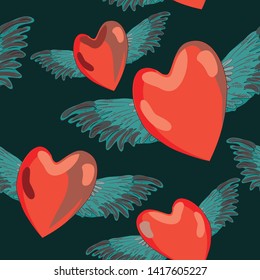 Hearts with wings. Seamless pattern. Vector illustration of the hearts with wings on dark green background