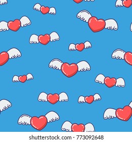 Hearts with wings seamless pattern. Vector line illutration on blue background