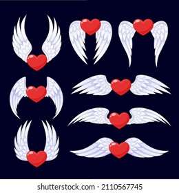 Hearts with wings set. Vector illustrations