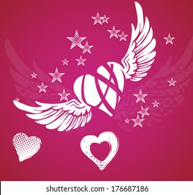 Hearts, wings and stars on red background