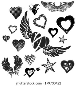 Hearts, wings and stars on white background, grunge, vector