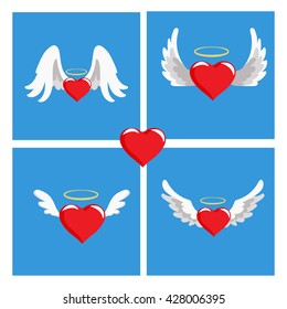 Hearts with wings. Valentines Day vector illustration. Cute cartoon style picture. Winged hearts, shining crown, blue background.