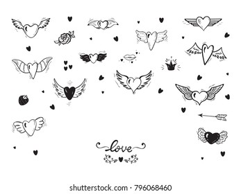 Hearts with Wings for Valentines Day or Wedding greeting cards. Love Vector Set. Beautiful Doodle Heart tattoo. Hand drawn illustration