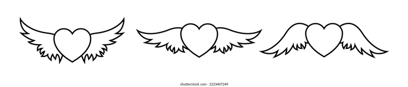 Hearts with wings.  Winged hearts. Nubes. Flat hearts icons. EPS 10