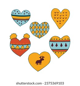 Hört mit Wintermustern im skandinavischen Stil. Stickereien oder gestrickt gemütliche, warme Herzen einzeln auf weißem Hintergrund. Winterklassekunst. Jahrgang. Handgezeichnet. Vektorgrafik.