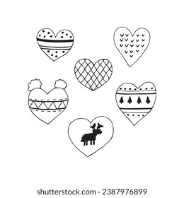 Hearts with winter patterns in Scandinavian style. Embroidered or knitted cozy warm hearts isolated on a white background. Winter clipart. Vintage. Hand drawn. Vector illustration.