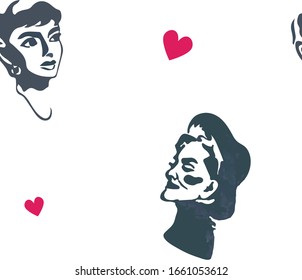 Hearts and Women, seamless pattern 