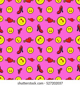 Hearts and Womens Shoes Seamless Pattern. Vector Background in Retro Fashion Style