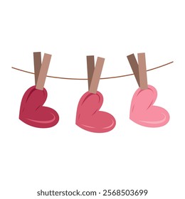 Hearts with wooden clothespins are hanging on ribbon isolated on white background. Hand drawn vector illustration in flat style. Concept of love, happy Valentines day celebration, greeting card