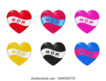 Hearts with the word mom for mother's day.Vector illustration isolated on white background.